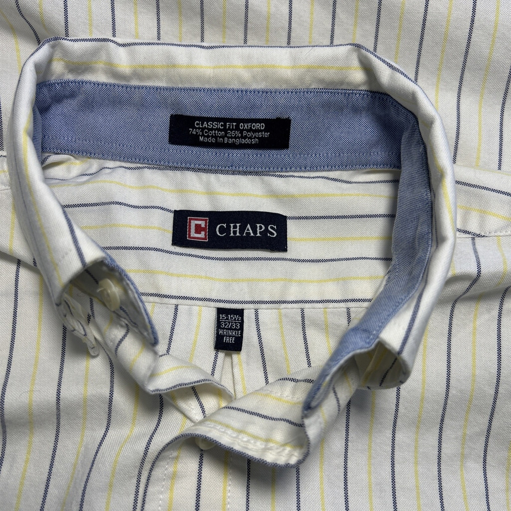 Chaps 15 15.5 32/33 Blue & Yellow Striped Wrinkle Free Long Sleeve Shirt